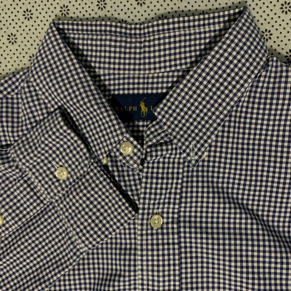 Ralph Lauren Men's XL Navy Blue Gingham Button-Down Long Sleeve Shirt